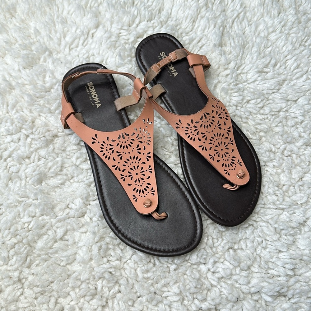 Sonoma Bohemian Brown Peach Floral Open Toe Sandals Girly Fun Beachy Vacation
